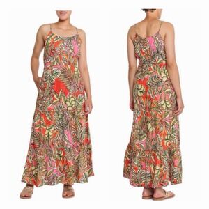 C&C California Linen Blend Maxi Dress Tropical Print Sundress Boho Resort Size L